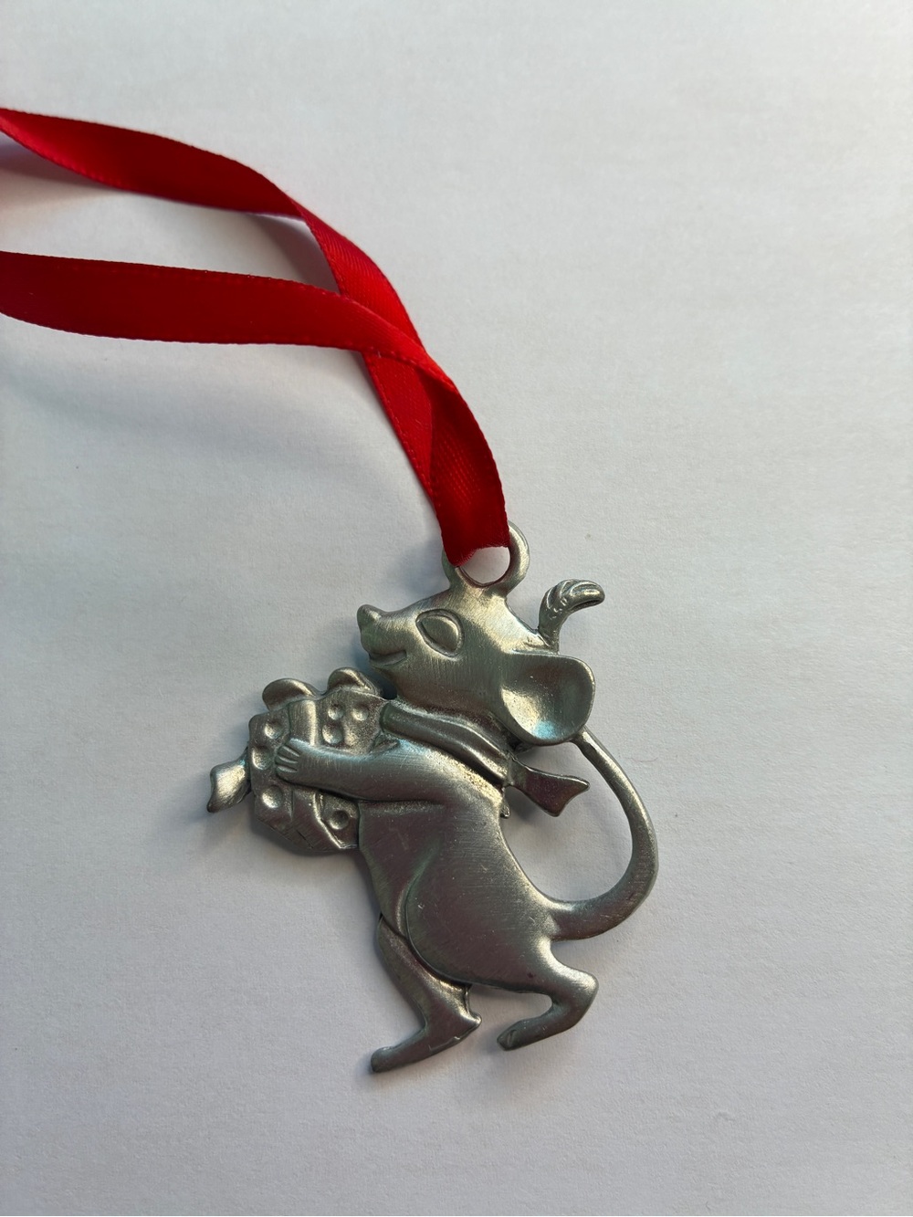 Silver Mouse Cat Ornament with Red Ribbon